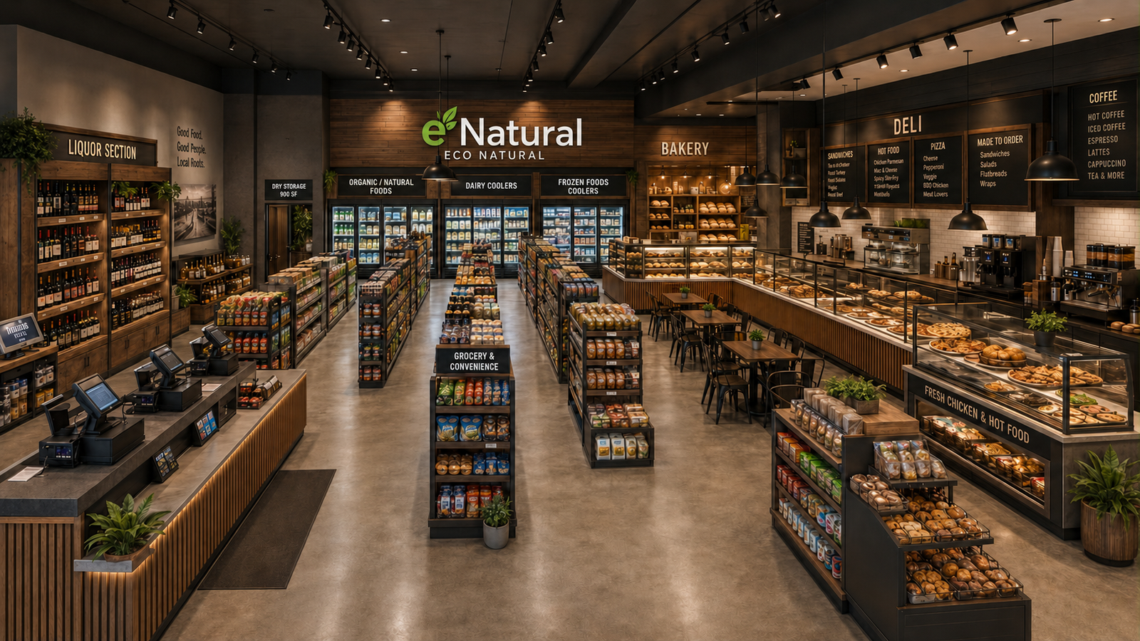 Wide interior view of Eco Natural grocery, bakery, deli and coffee layout
